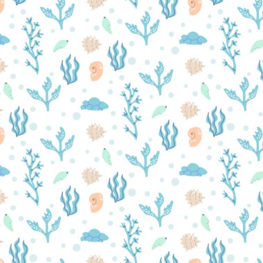 Mavi mercan okyanus motifli kusursuz yosun deseni.