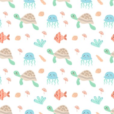 Kaplumbağalar, denizanaları ve balıklarla dolu renkli deniz yaşam şekilleri..