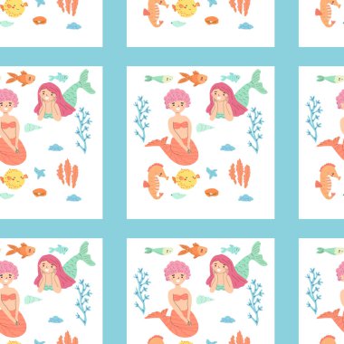 Okyanus temalı mercan ve balık desenli kusursuz denizkızı deseni.