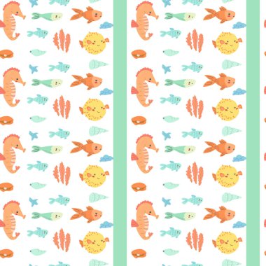 Balıklar, denizatları ve deniz kabukları ile renklendirilmiş deniz canlıları..