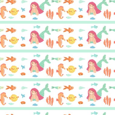 Deniz kızları, denizatları, balıklar ve deniz yosunlarıyla şirin, pürüzsüz bir desen..