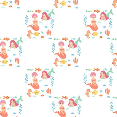 Deniz kızları, balıklar ve deniz bitkilerinin renkleriyle kusursuz sualtı deseni..