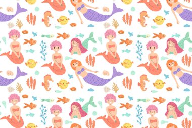 Karikatür balık ve mercan elementleriyle renkli deniz kızı ve deniz yaşamı deseni.