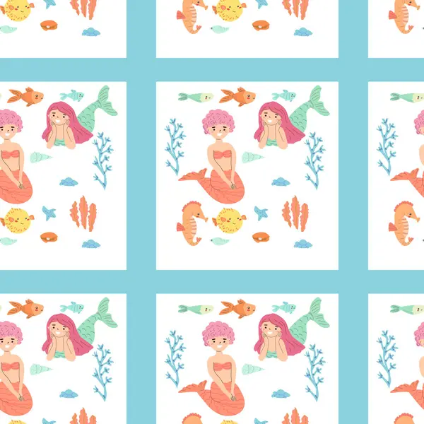 Okyanus temalı mercan ve balık desenli kusursuz denizkızı deseni.