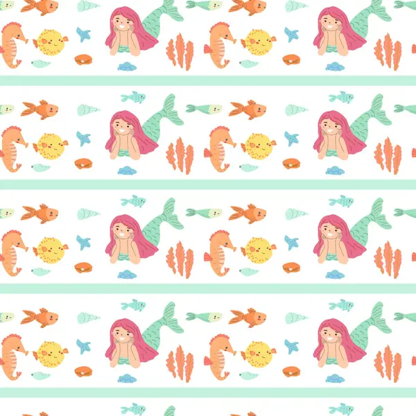 Deniz kızları, denizatları, balıklar ve deniz yosunlarıyla şirin, pürüzsüz bir desen..