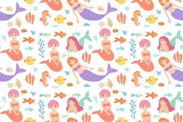 Karikatür balık ve mercan elementleriyle renkli deniz kızı ve deniz yaşamı deseni.