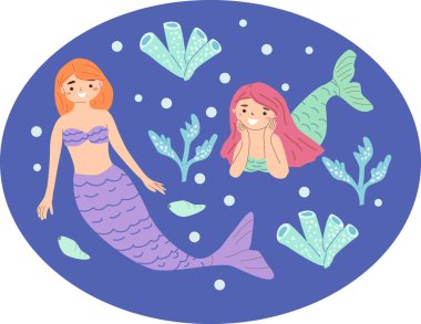 Su altı sahnesinde kırmızı ve pembe saçlı mercan ve balıklı iki dişi deniz kızı..