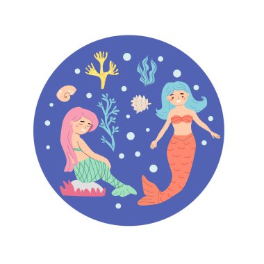 Su altı sahnesinde iki karikatür deniz kabuğu ve mercan mavi daire arka planda..