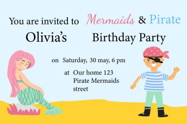 Denizkızı ve korsan temalı çocukların doğum günü partisi davetiyesi.