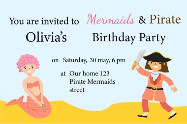 Deniz kızları ve korsanlar çocuklar için doğum günü partisi daveti.