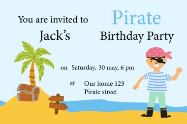 Çizgi film çocuğu ve hazine sandığıyla korsan doğum günü partisi davetiyesi..