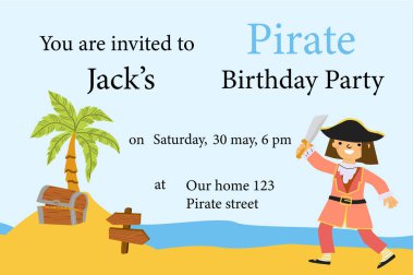 Çocuklar korsan temalı doğum günü partisi davetiyesi karikatür korsanı ve hazine.