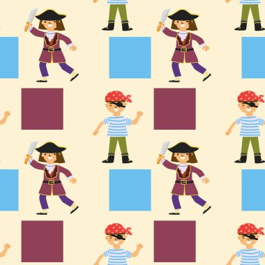 Farklı karakterlere ve renkli karelere sahip çocuk korsan deseni.