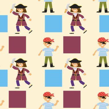 Farklı karakterlere ve renkli karelere sahip çocuk korsan deseni.