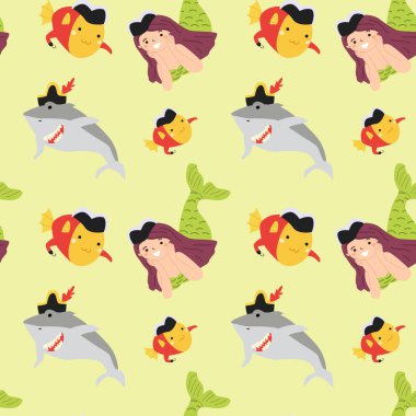 Çizgi film köpekbalıkları ve deniz kızlarıyla eğlenceli bir korsan ve deniz yaratığı deseni.