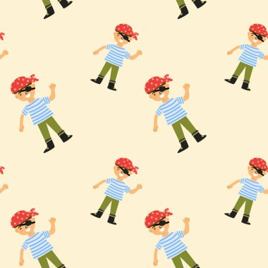 Kırmızı bandanalı çizgi film korsanı çocuk deseni ve arka planda göz bandı.