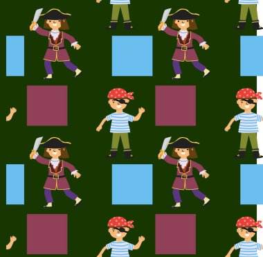 Çizgi film korsan karakterleri ve renkli kare desenleri.