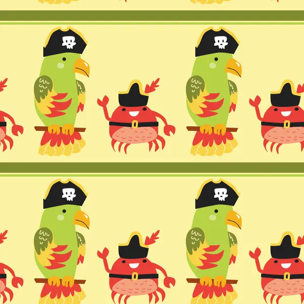 Sarı arka planda sevimli korsan papağanları ve yengeç desenleri.
