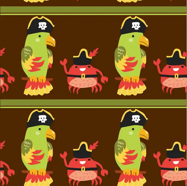 Çocuklar için kahverengi arka planda kusursuz korsan papağanı ve yengeç deseni.