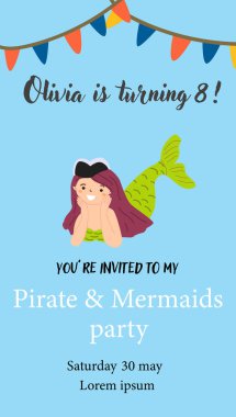 Korsan ve deniz kızı partisi daveti Çocuğun doğum günü kutlaması için.