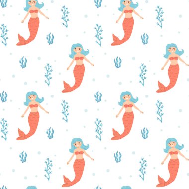 Çizgi filmlerdeki kusursuz kırmızı kuyruklu deniz kızlarının deniz yosunu ve kabarcıkları..