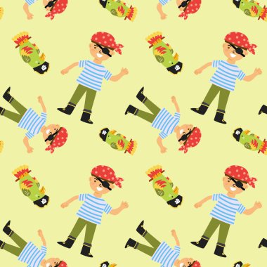 Gülen çocuk korsanlar ve sarı arka planda renkli papağanlar olan eğlenceli korsan desenleri..