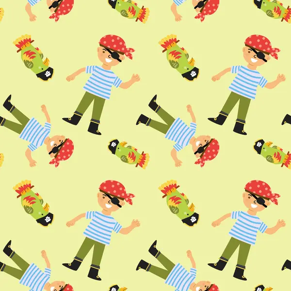 Gülen çocuk korsanlar ve sarı arka planda renkli papağanlar olan eğlenceli korsan desenleri..