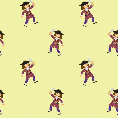 Oyuncu karakterli sarı arkaplanda korsan çizgi film deseni.