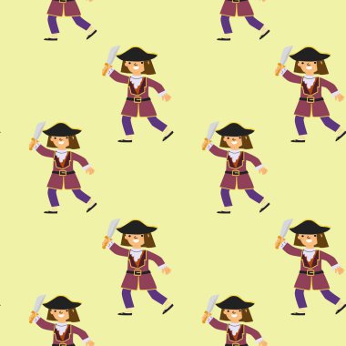 Sarı arka planda mor elbiseli korsan karakterler..