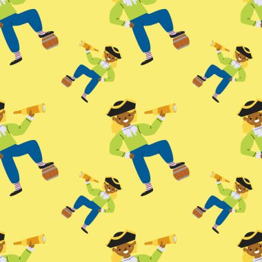 Sarı arka planda teleskop ve namlusu olan karikatür korsan deseni.