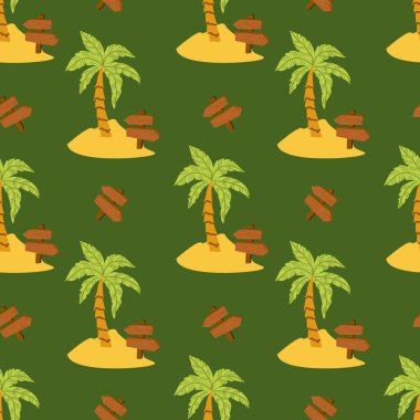 Palmiye ağaçları ve yeşil arka planda ahşap işaretleri olan tropik ada deseni.