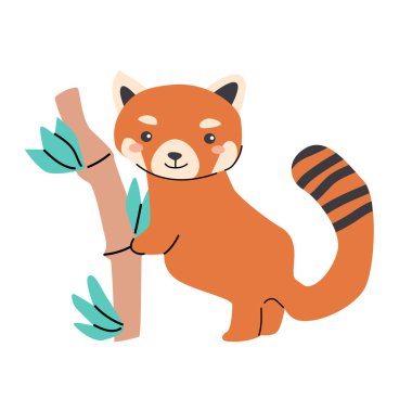 Çocukların tasarımı için bambuyla oynak bir çizgi film hayvanı sunan sevimli kırmızı panda çizimi.