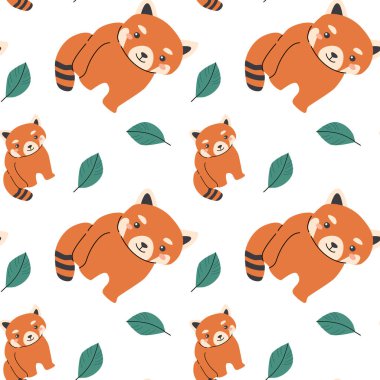 Duvar kağıdı ya da tekstil tasarımı için yeşil yapraklı şirin kırmızı panda deseni.