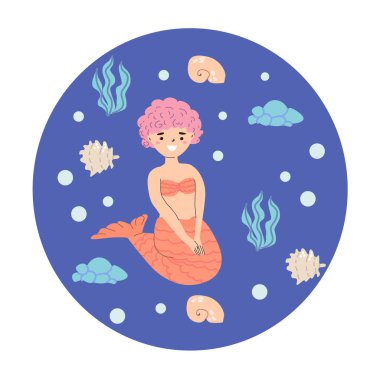 Okyanus sahnesinde pembe saçlı ve deniz kabuklu karikatür denizkızı..