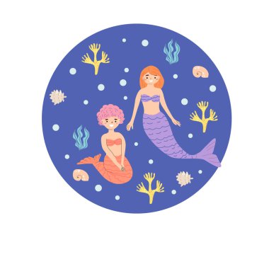 Mavi arka planda mercan ve deniz kabukları olan iki dişi deniz kızı..