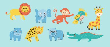 Aslan fil, maymun, zürafa, papağan da dahil olmak üzere renkli çizgi film hayvan koleksiyonu. Çocuk stili. Düz Çizim