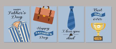 Babalar günü kartı gömlek, çanta, kravat ve kupa temaları içerir..