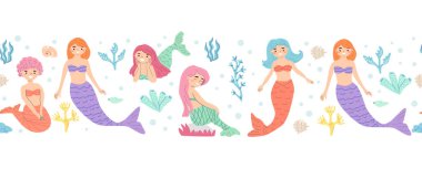 Karikatür denizkızları renksiz sualtı elementleriyle kusursuz desen çizerler..