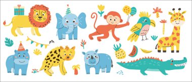 Vahşi hayvanlar ve balonlarla dolu renkli hayvan karikatürü sahnesi.