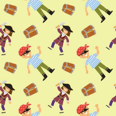 Çizgi film karakterleri ve hazine sandıkları olan renkli korsan deseni..