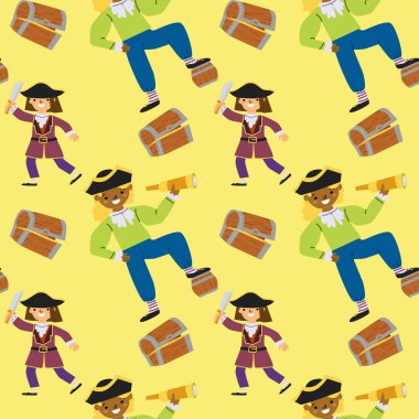 Karikatür korsan desenli hazine sandıkları ve sarı arka planda çeşitli karakterler..