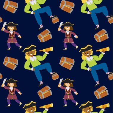 Hazine sandıkları ve karanlık arka planda dürbünü olan kusursuz erkek korsanlar..