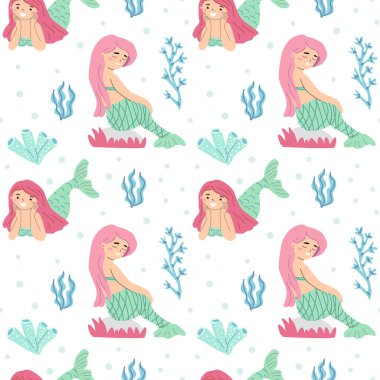 Pembe saçlı denizkızları, mercan ve deniz yosunlarıyla kusursuz bir denizkızı deseni..