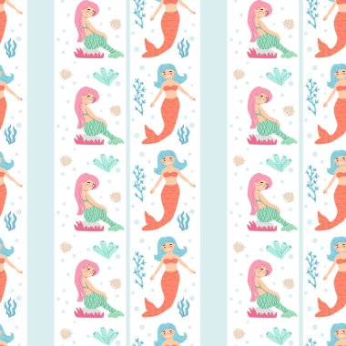 Açık arkaplanda pembe ve mavi saçlı, pullu ve yosunlu renkli deniz kızı deseni.