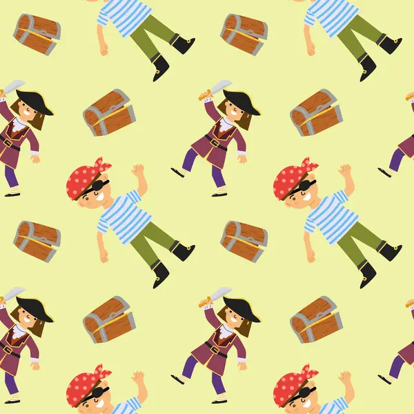 Çizgi film karakterleri ve hazine sandıkları olan renkli korsan deseni..