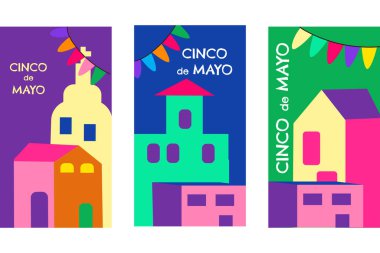 Meksika mimarisi ile renkli geometrik cinco de mayonez kutlama posterleri.