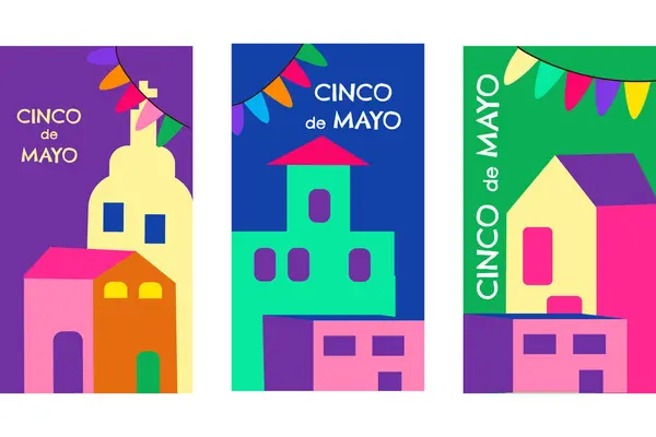 Meksika mimarisi ile renkli geometrik cinco de mayonez kutlama posterleri.