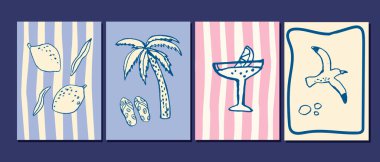 İçinde limon, palmiye ağacı, parmak arası terlik, kokteyl ve martı olan tropik yaz çizimleri. Dolce Vita yaz karalama vektör çizimi. İtalyan stili.