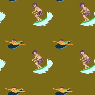 Kahverengi arka planda neşeli karakterli çizgi film sörfçüleri..