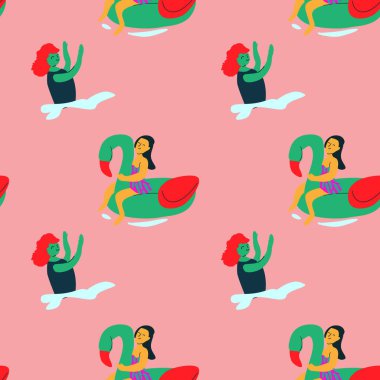 Pembe arka planda plaj aksesuarları olan renkli çizgi film yüzücüleri..